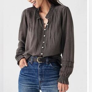 Willa Ruffled Mock Neck Long Sleeve Picot Trim Agoya Button Front Blouse XS